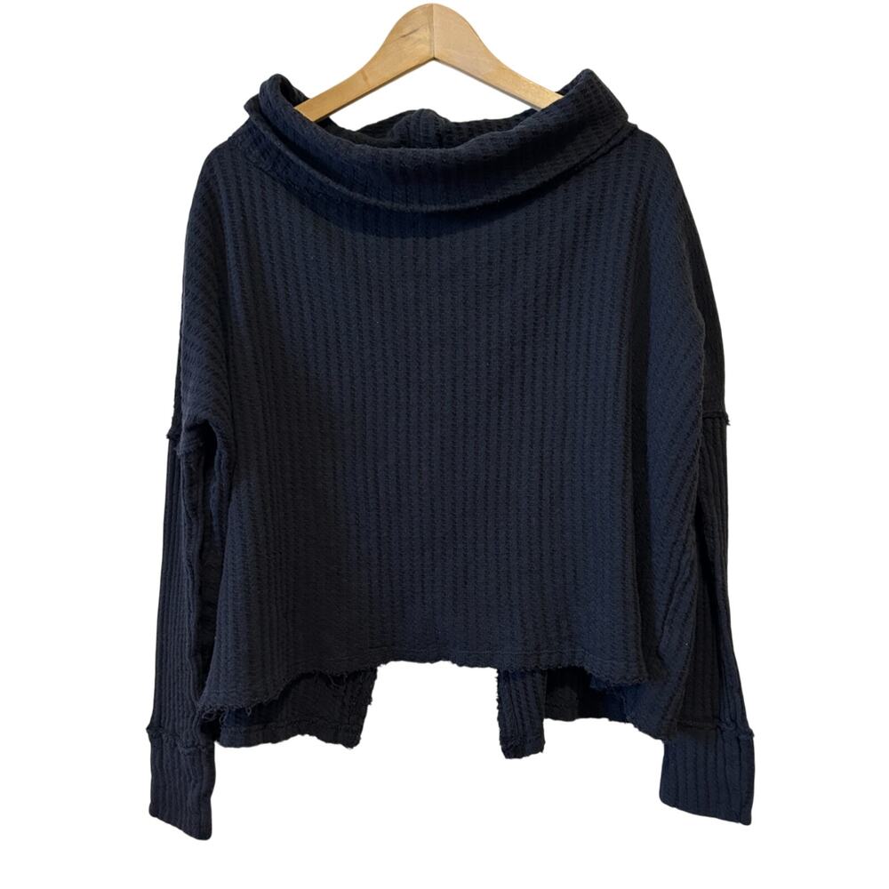 Free People Black Cowl Neck Waffle Top Raw Hems Size S Boho Grunge Split Back